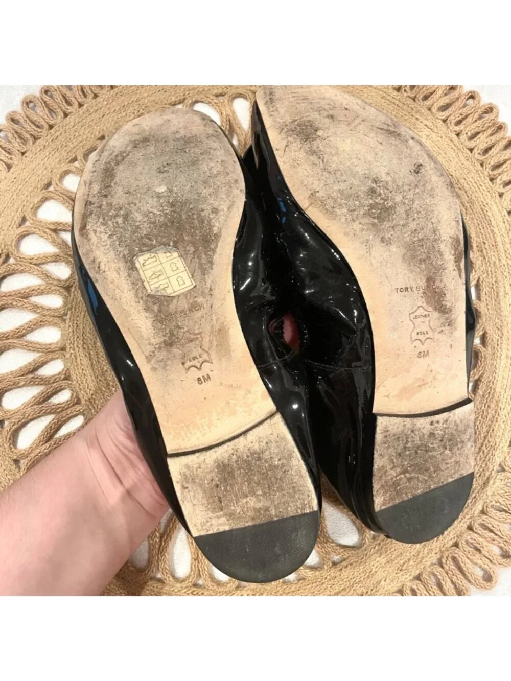 Tory Burch Floral Applique Patent Leather Ballet Flats Size 8 Black